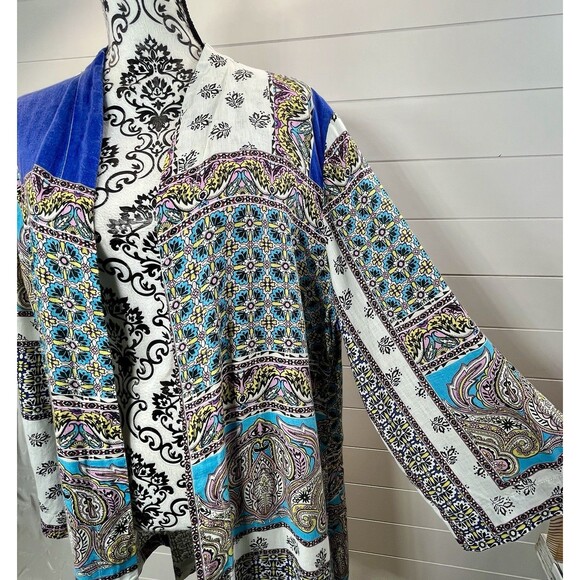 CHICO'S Patchwork Graphic Linen Duster Jacket Kimono 12/14 Womens Artsy Boho - Picture 4 of 16